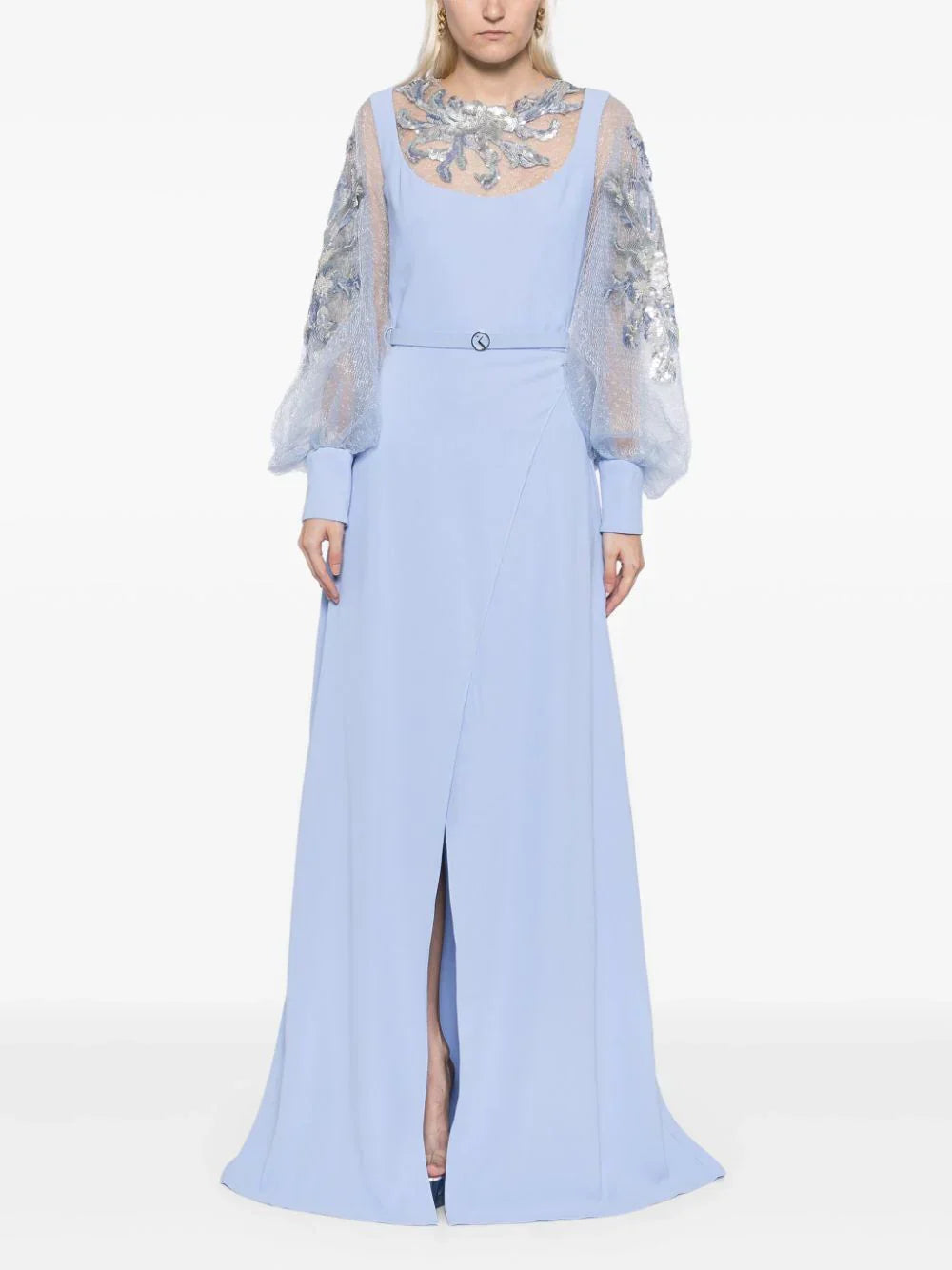 CREPE DRESS WITH ENVELOPE SKIRT AND A BEADED TOP AND SLEEVES