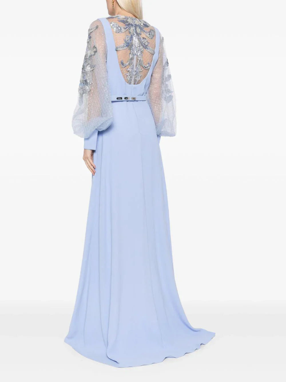 CREPE DRESS WITH ENVELOPE SKIRT AND A BEADED TOP AND SLEEVES