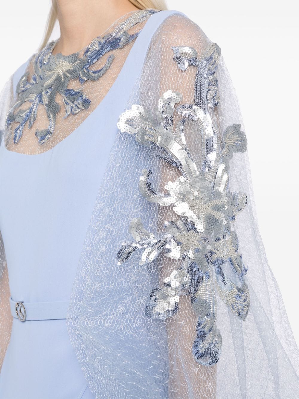 CREPE DRESS WITH ENVELOPE SKIRT AND A BEADED TOP AND SLEEVES