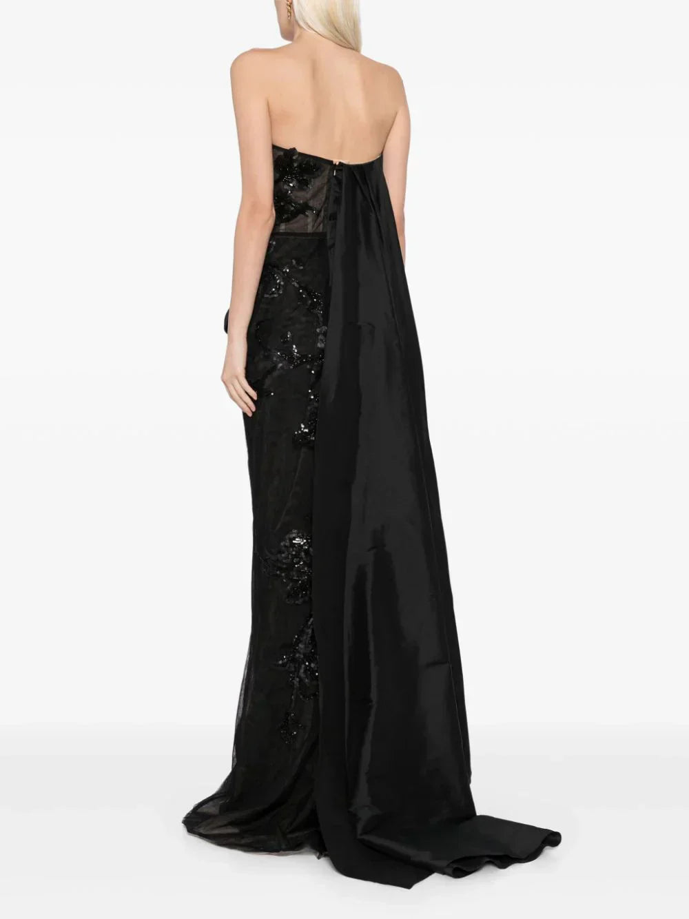 TULLE STRAPLESS BEADED DRESS WITH A TAFFETA DRAPING AND TAIL
