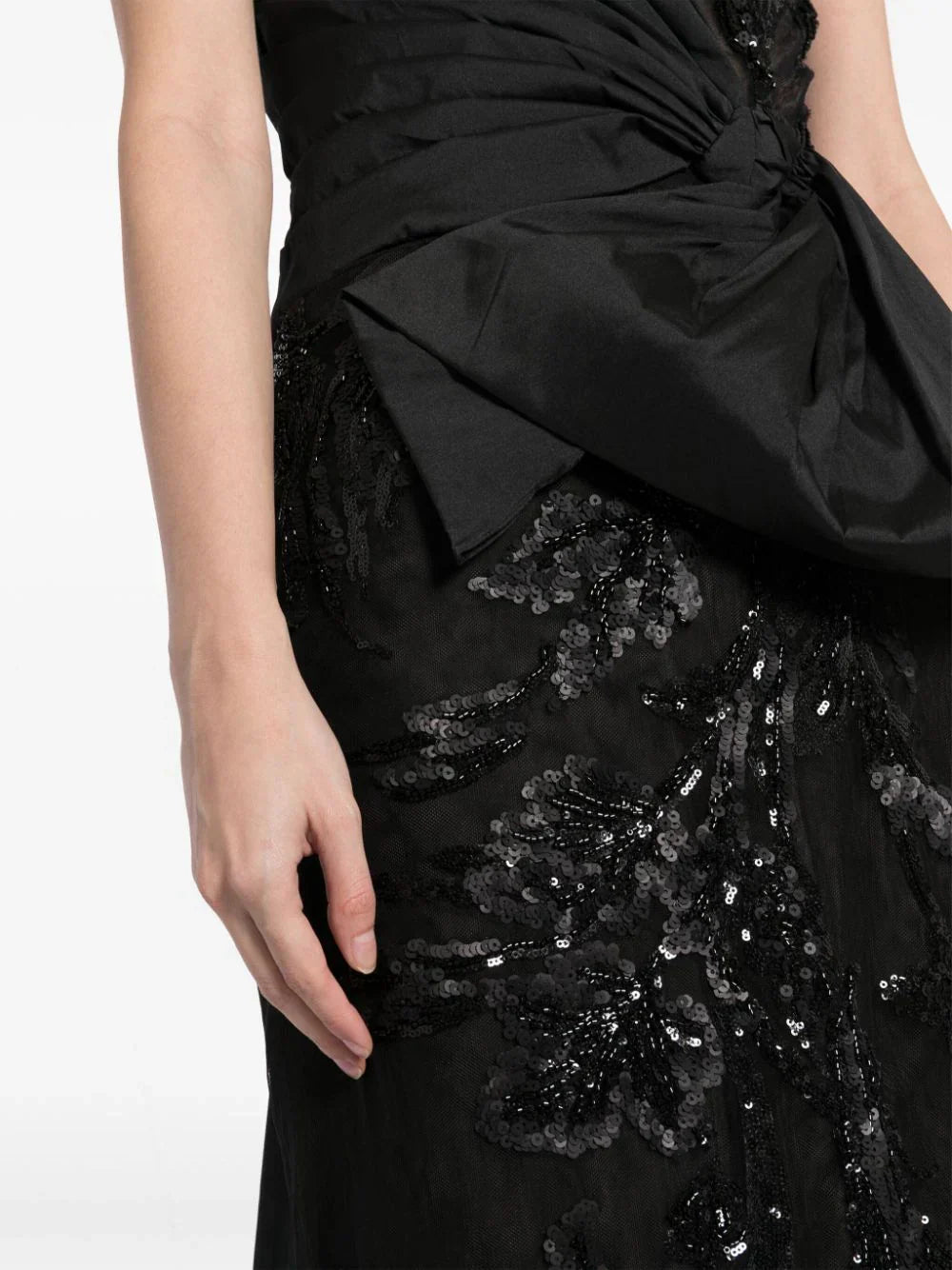 TULLE STRAPLESS BEADED DRESS WITH A TAFFETA DRAPING AND TAIL