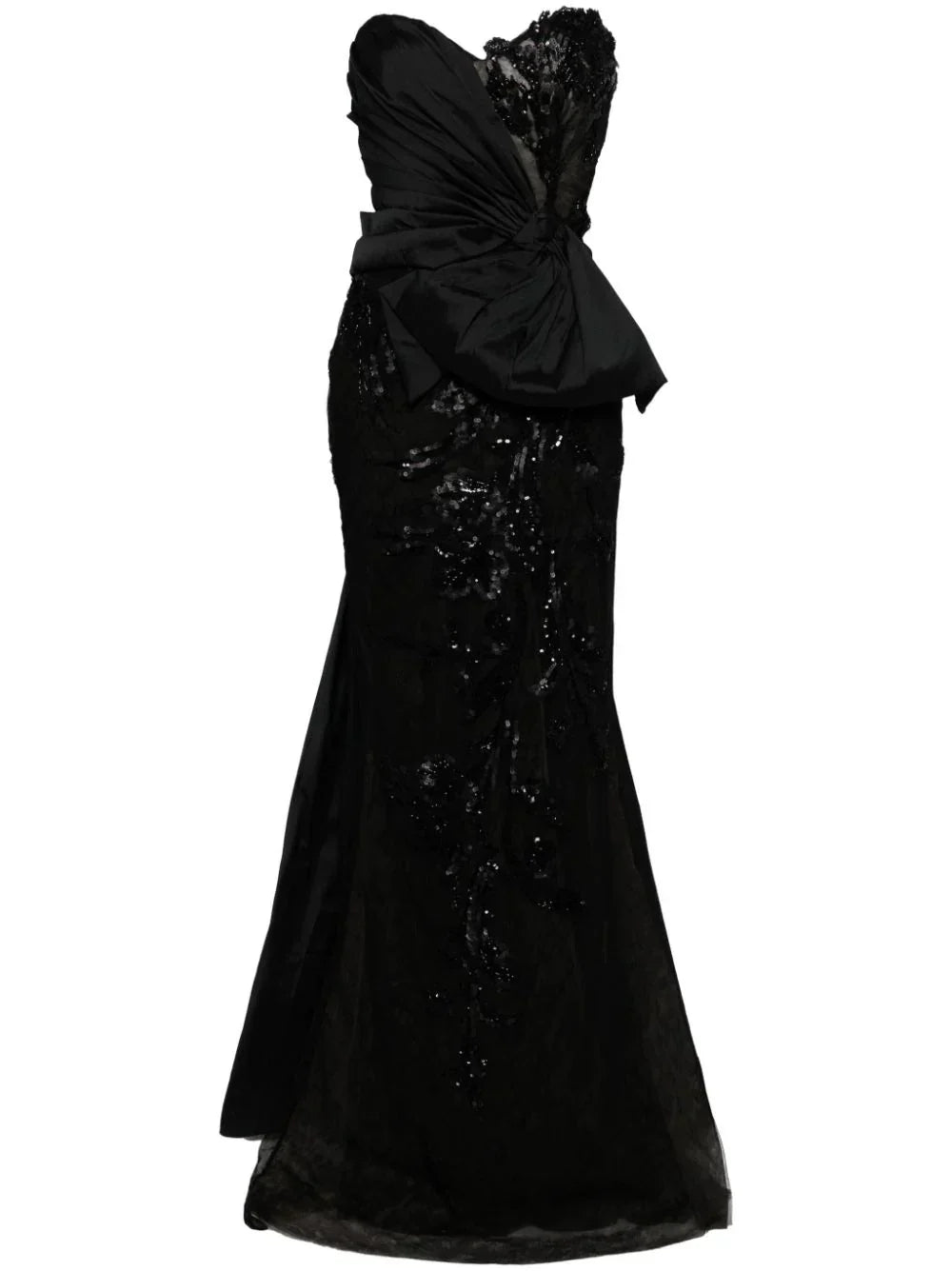 TULLE STRAPLESS BEADED DRESS WITH A TAFFETA DRAPING AND TAIL