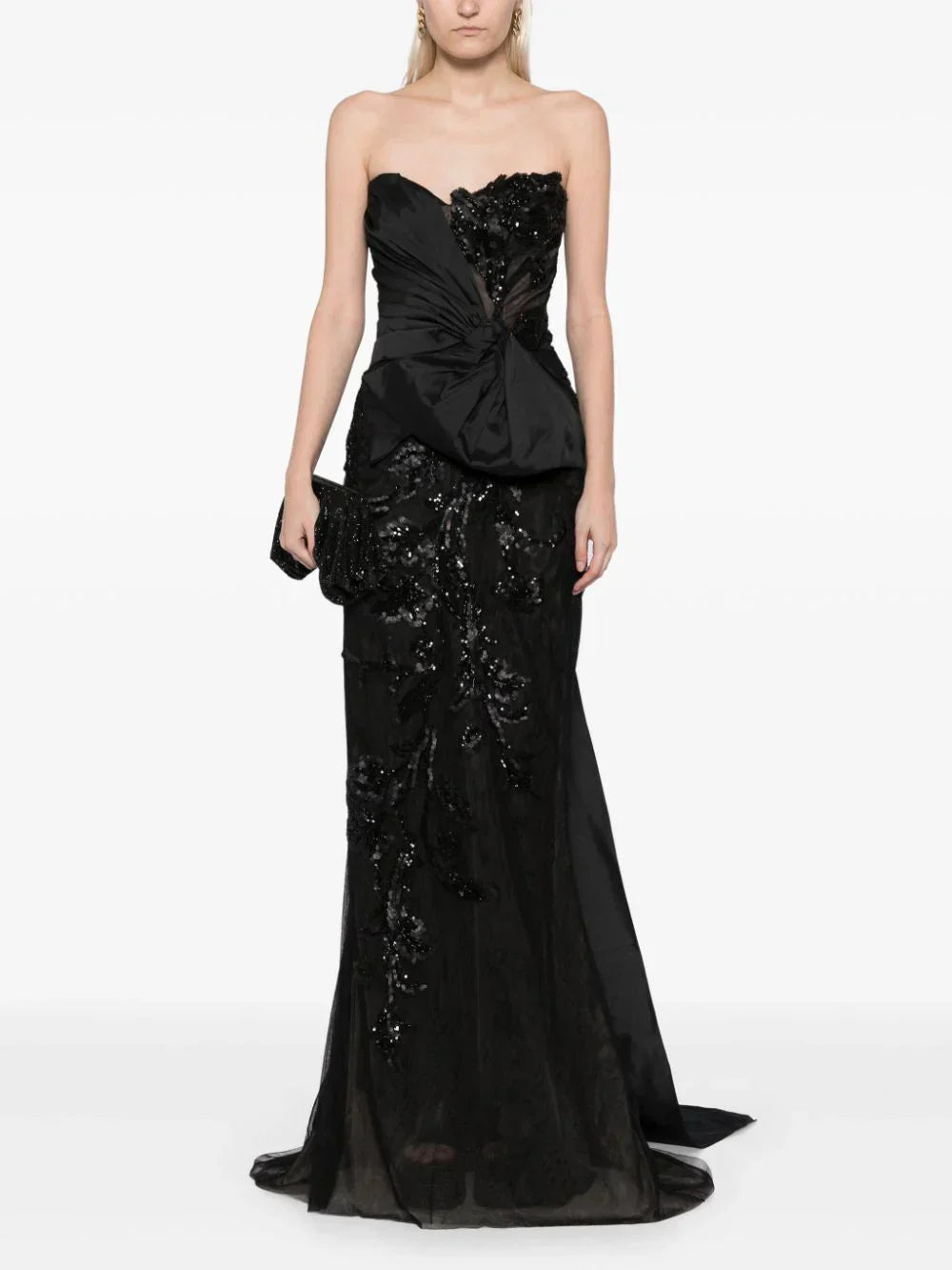 TULLE STRAPLESS BEADED DRESS WITH A TAFFETA DRAPING AND TAIL