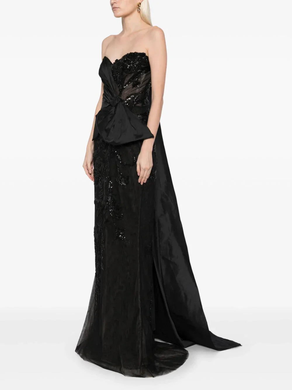 TULLE STRAPLESS BEADED DRESS WITH A TAFFETA DRAPING AND TAIL