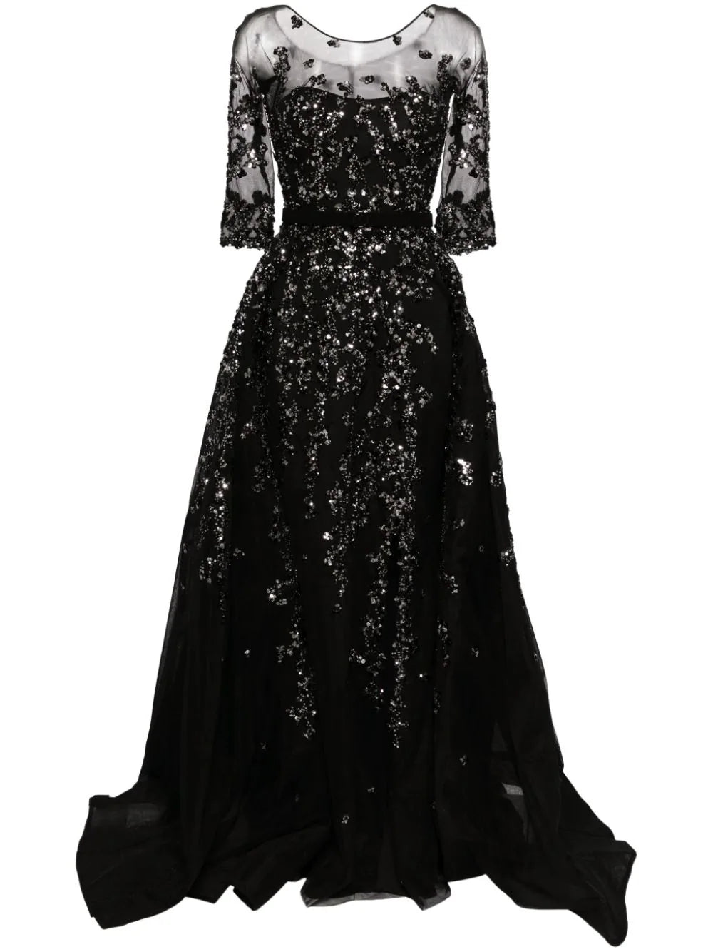 TULLE BEADED DRESS WITH ENVELOPE SKIRT AND OVERSKIRT