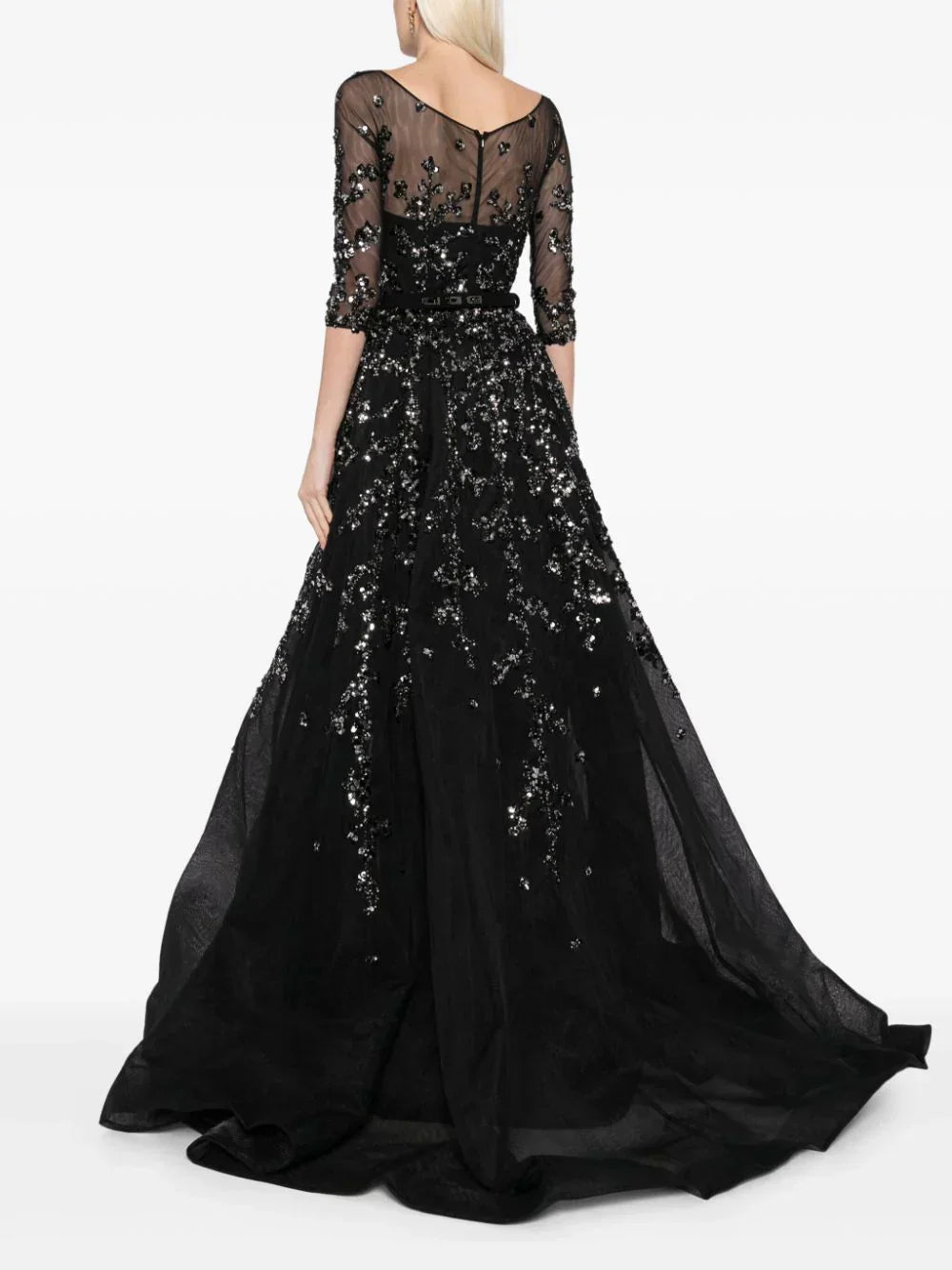 TULLE BEADED DRESS WITH ENVELOPE SKIRT AND OVERSKIRT