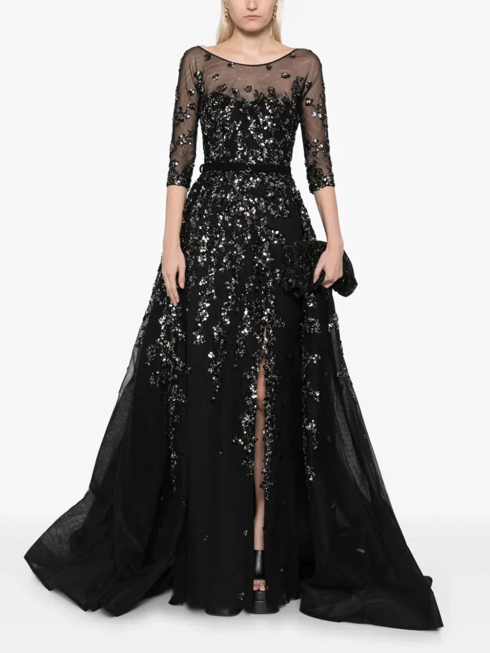 TULLE BEADED DRESS WITH ENVELOPE SKIRT AND OVERSKIRT