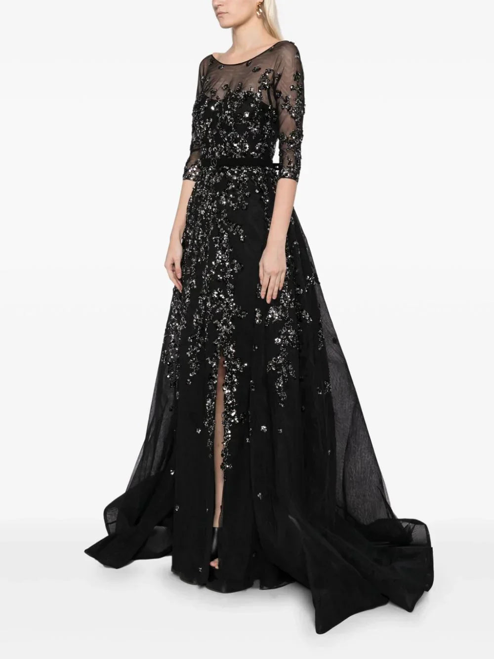 TULLE BEADED DRESS WITH ENVELOPE SKIRT AND OVERSKIRT