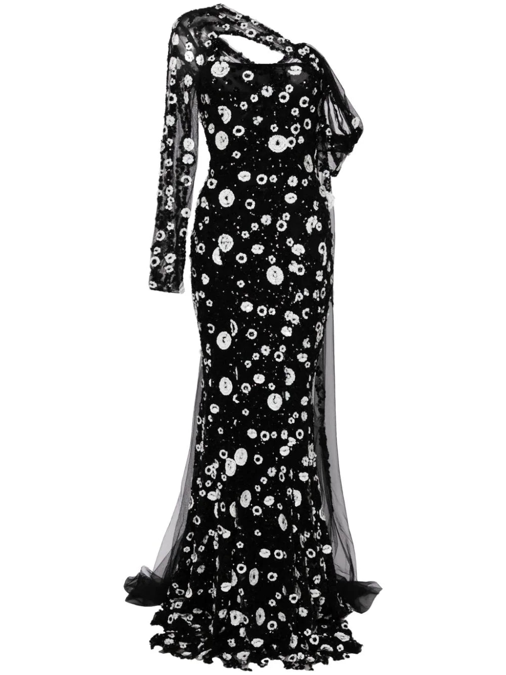Tulle one-shoulder sleeve, dress with dotted beading a tulle tail