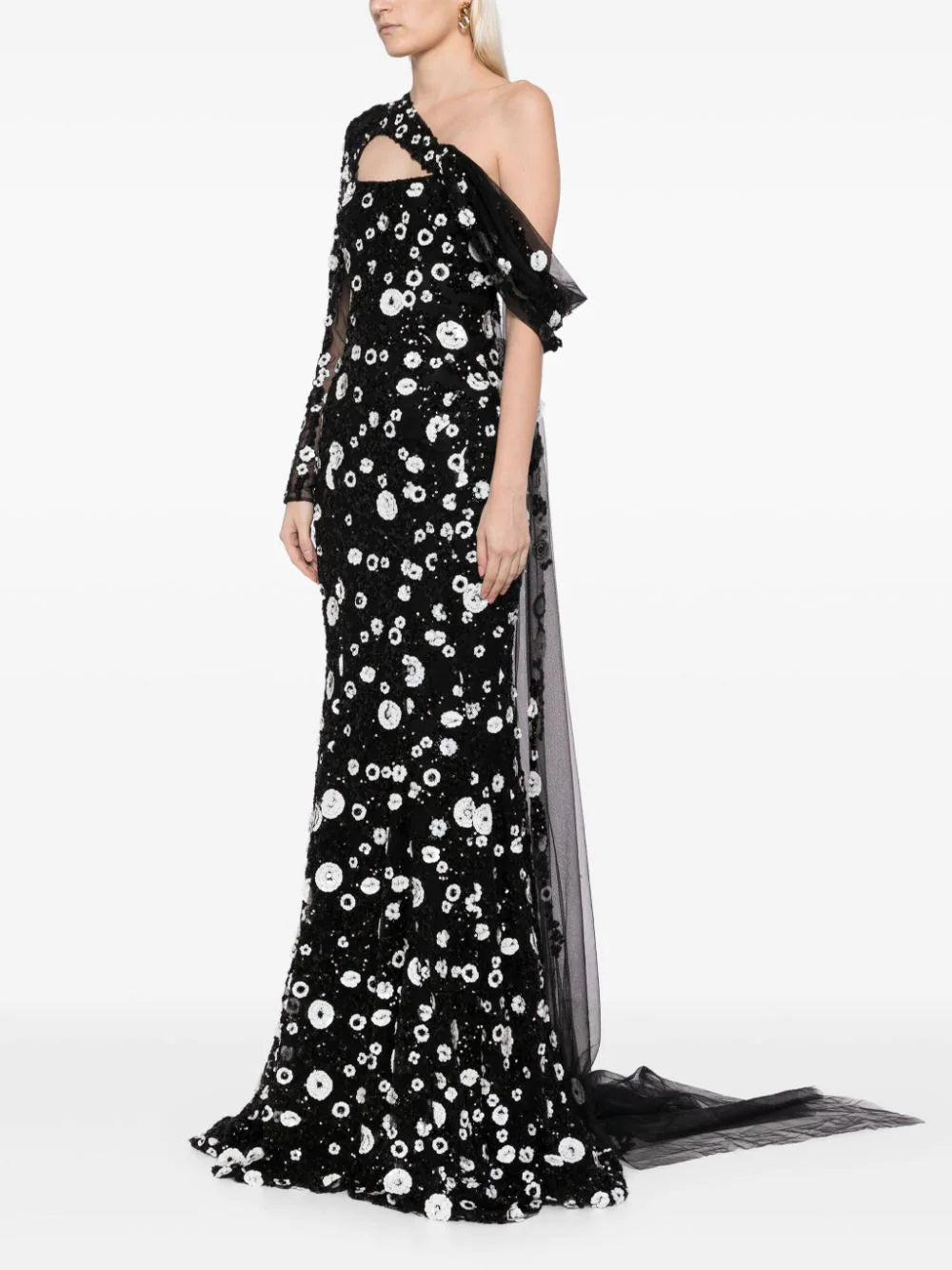 Tulle one-shoulder sleeve, dress with dotted beading a tulle tail