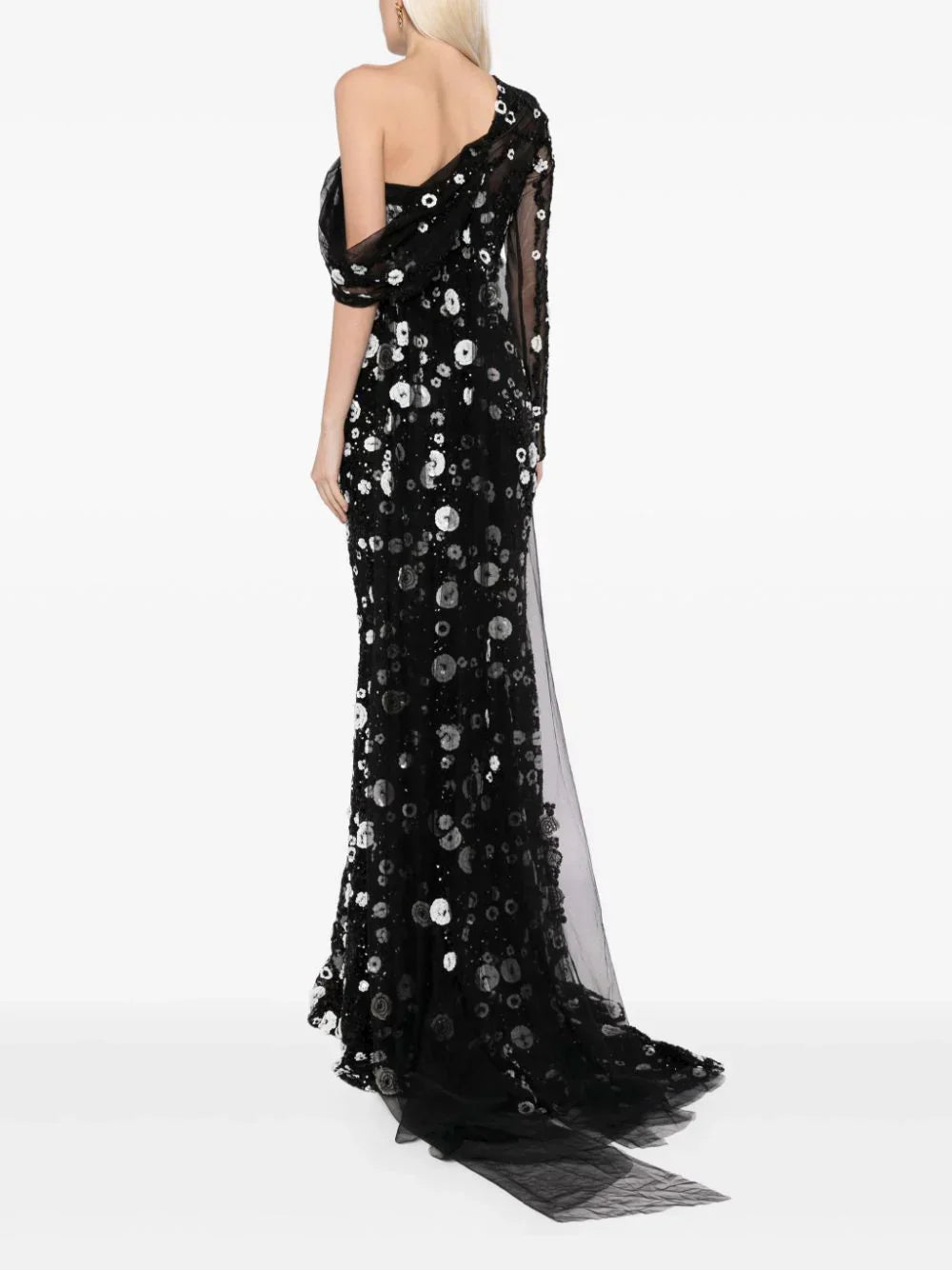 Tulle one-shoulder sleeve, dress with dotted beading a tulle tail