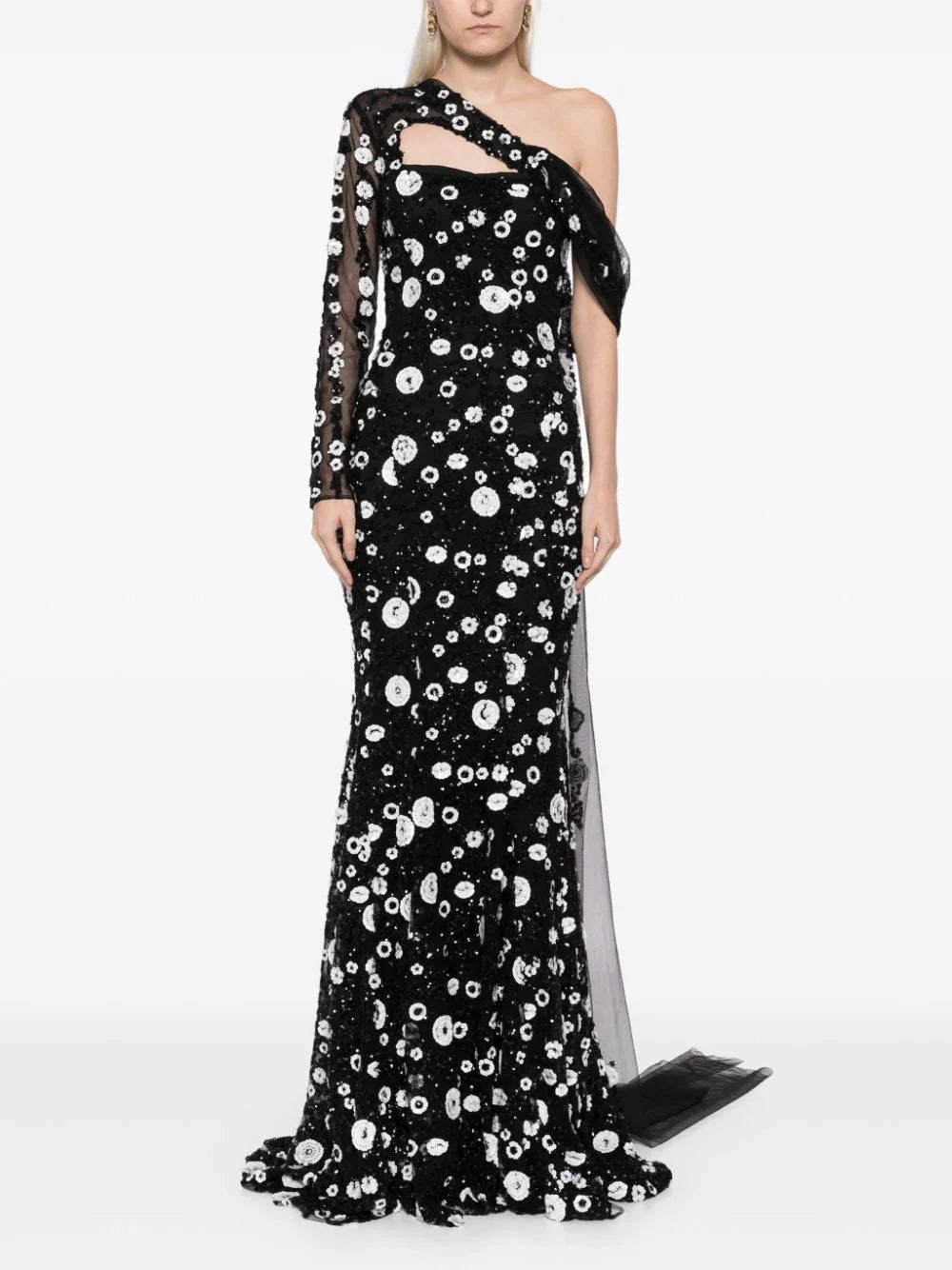 Tulle one-shoulder sleeve, dress with dotted beading a tulle tail