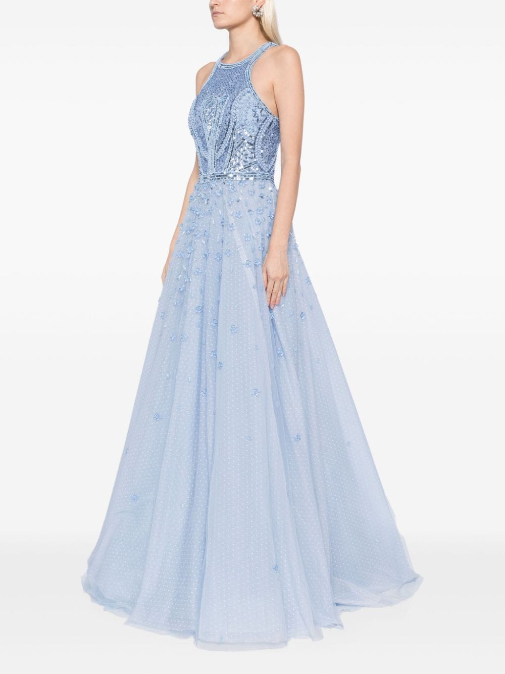 TULLE BEADED DRESS WITH HALTER NECKLINE