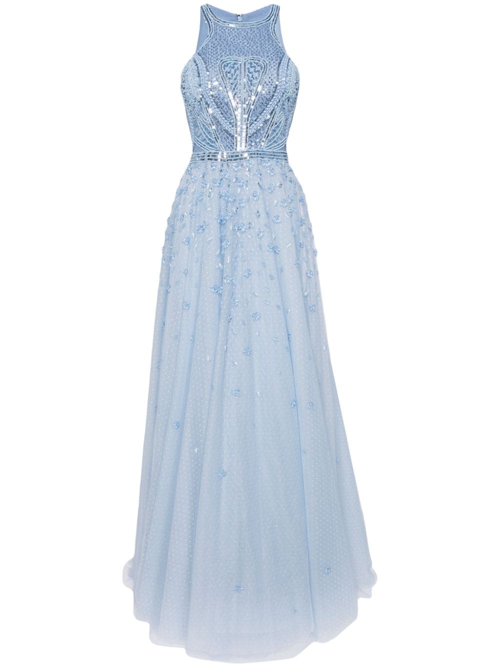 TULLE BEADED DRESS WITH HALTER NECKLINE