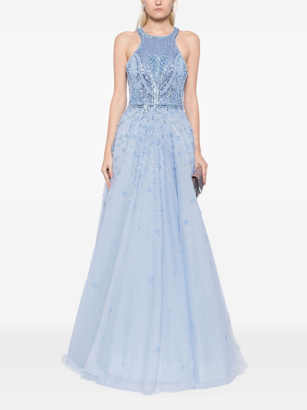 TULLE BEADED DRESS WITH HALTER NECKLINE
