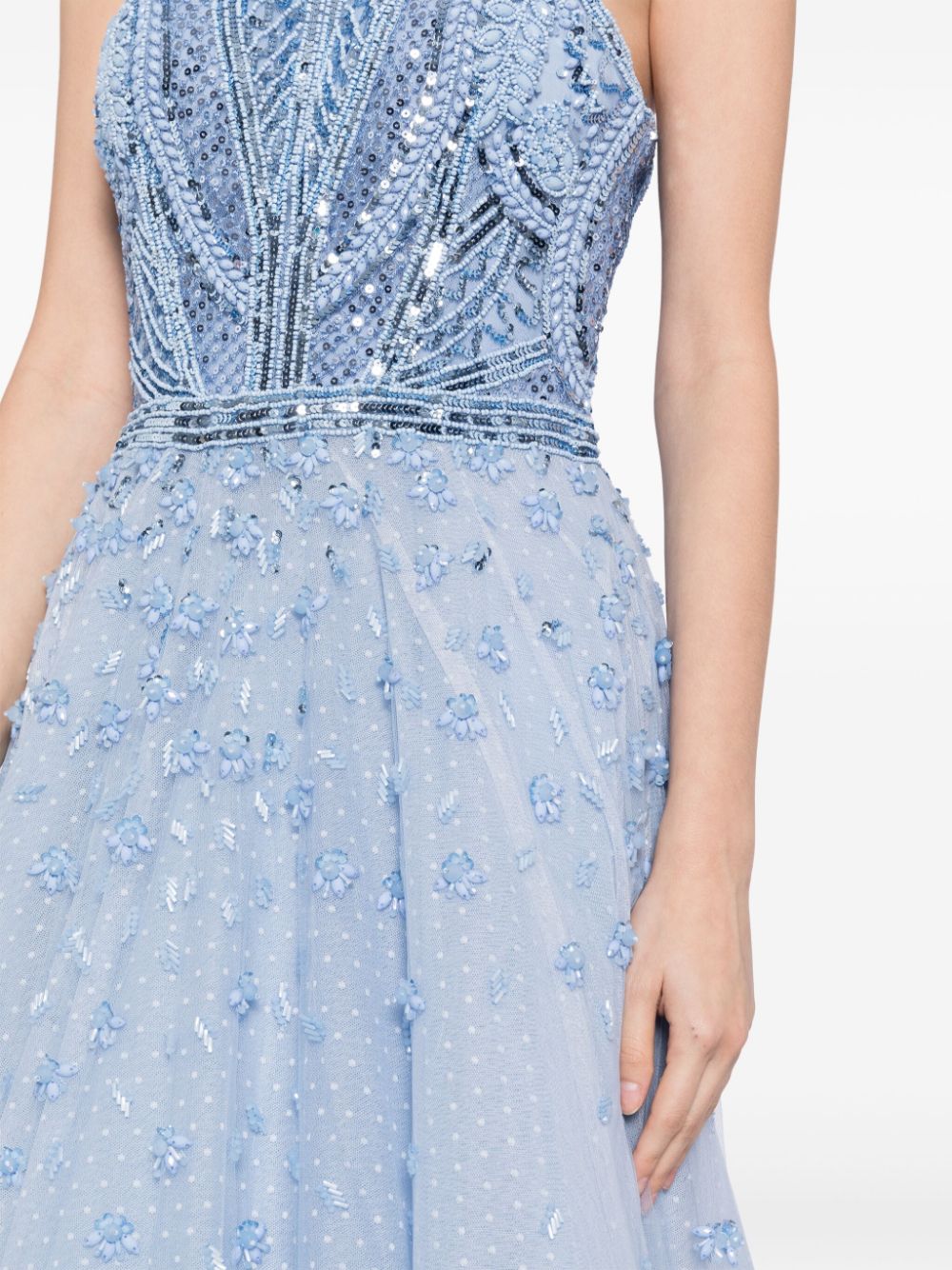 TULLE BEADED DRESS WITH HALTER NECKLINE