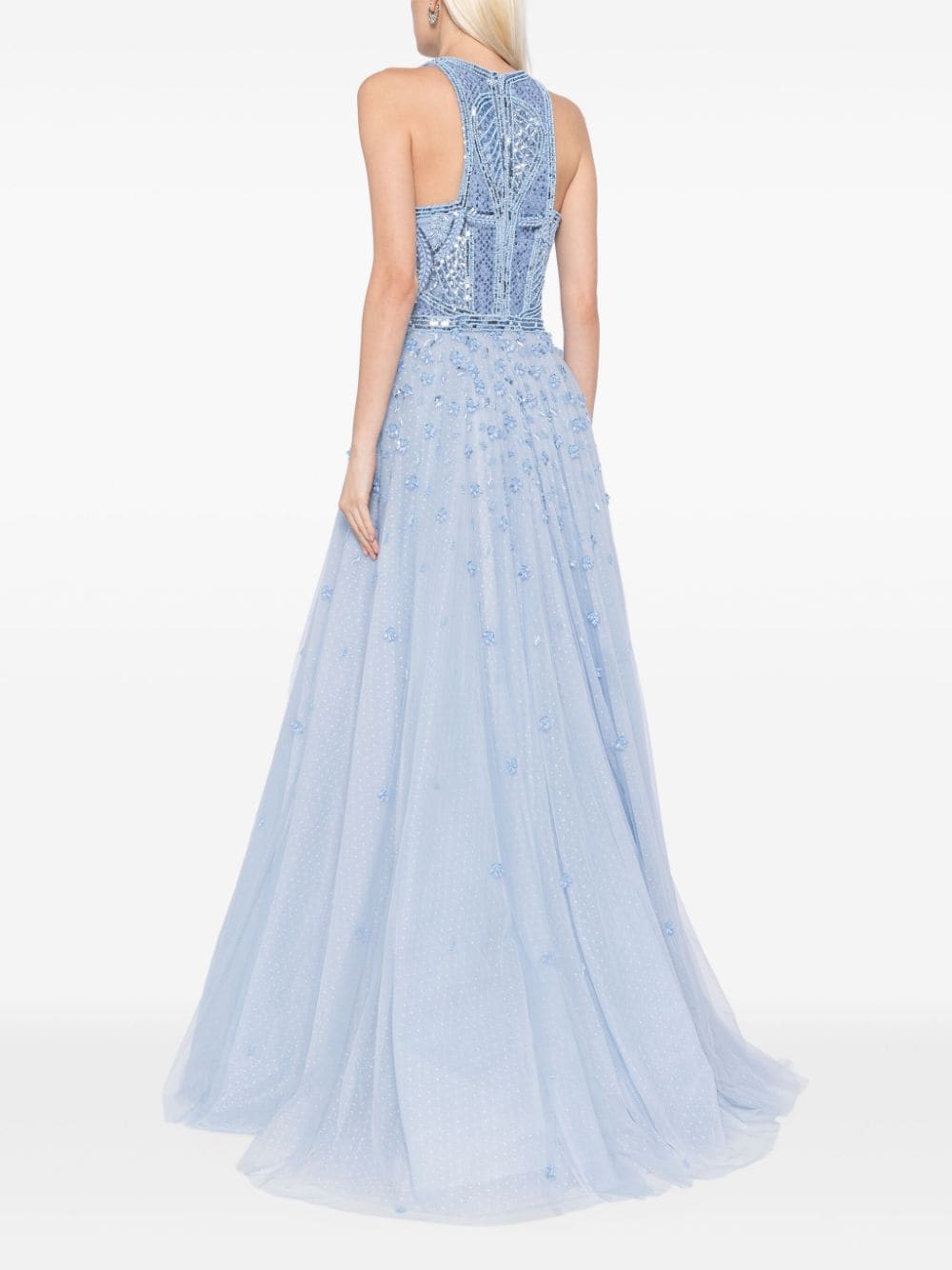 TULLE BEADED DRESS WITH HALTER NECKLINE