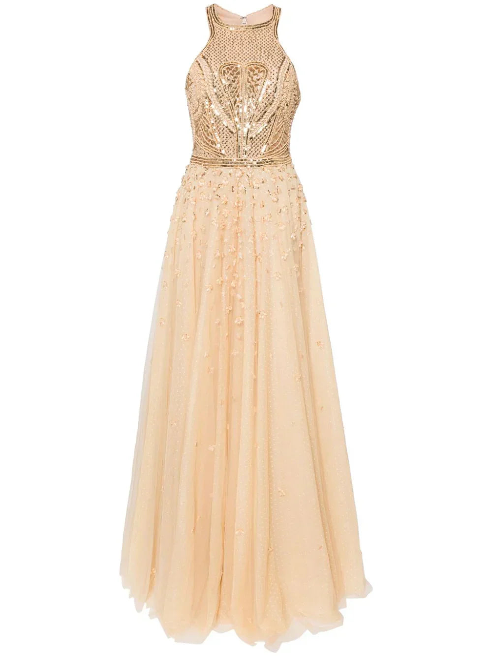 TULLE BEADED DRESS WITH HALTER NECKLINE