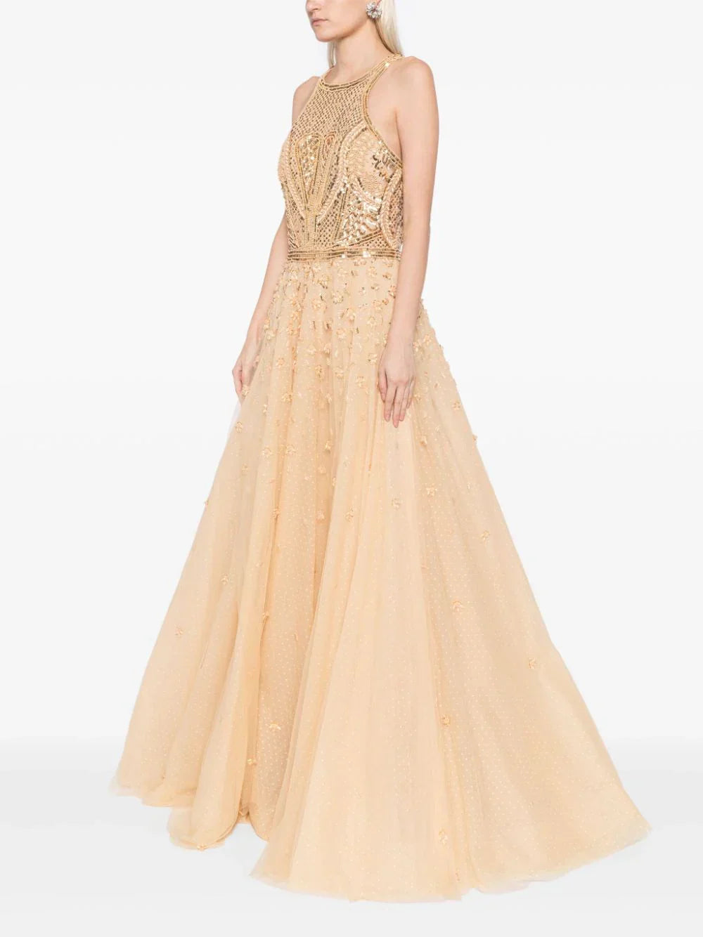 TULLE BEADED DRESS WITH HALTER NECKLINE