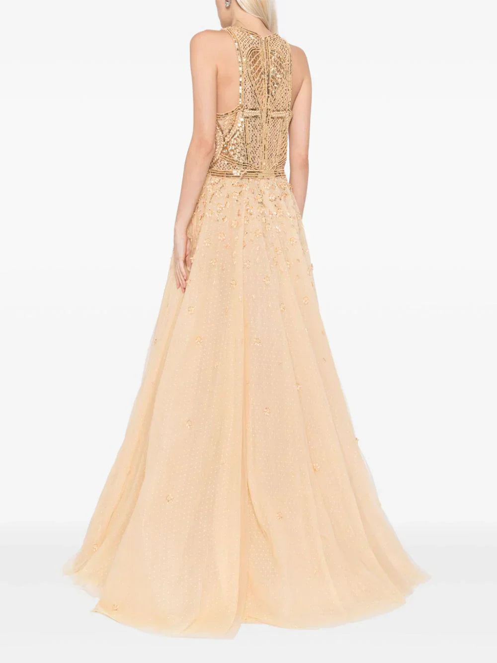 TULLE BEADED DRESS WITH HALTER NECKLINE