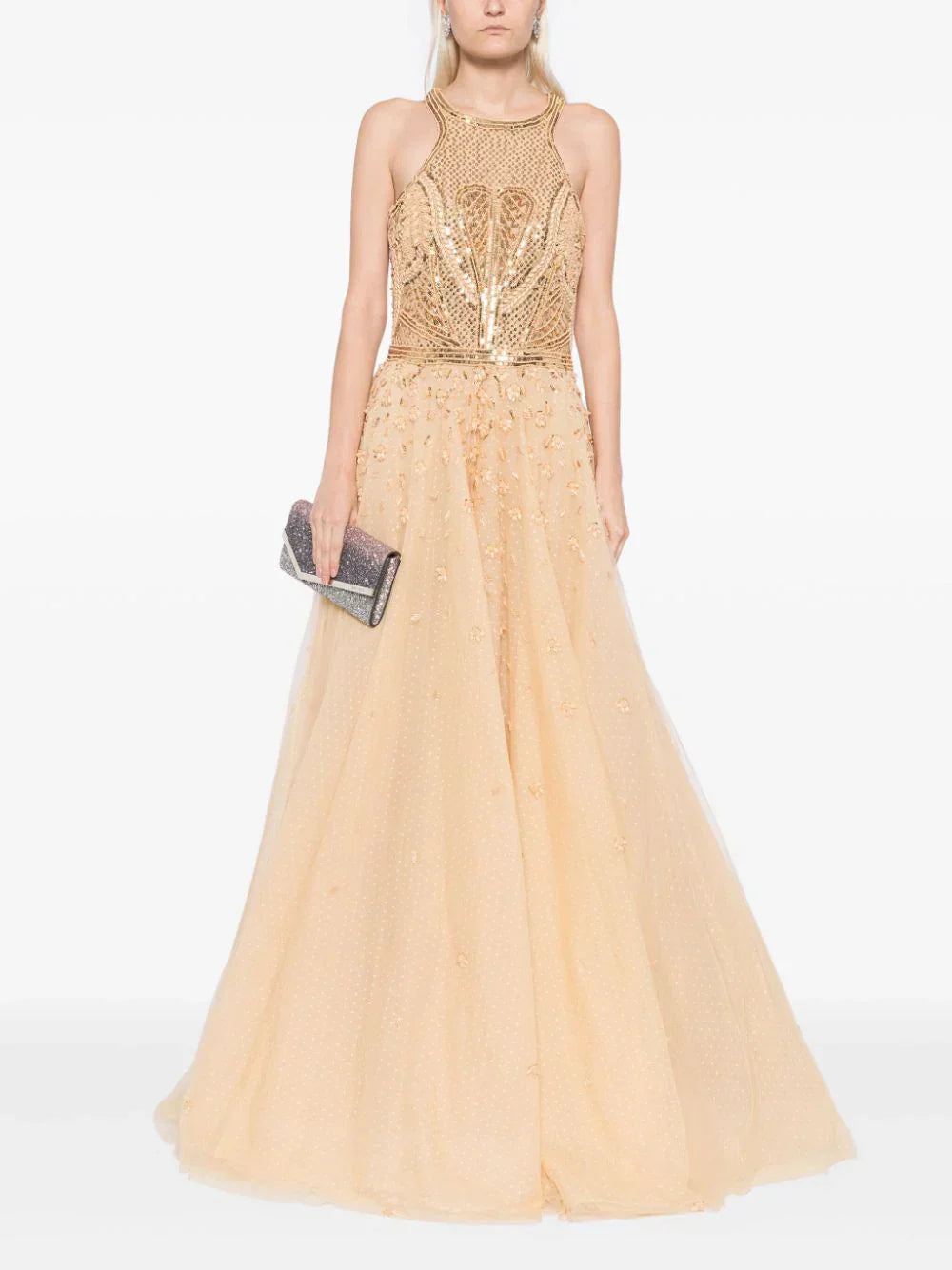 TULLE BEADED DRESS WITH HALTER NECKLINE