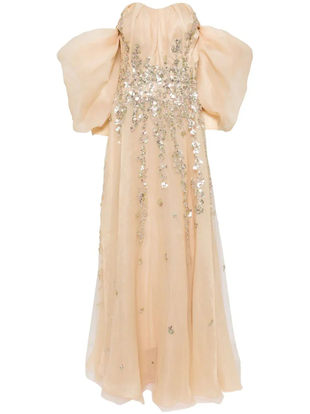 ORGANZA DRESS WITH DOTTED BEADING AND PLEATED OF-SHOULDER SLEEVES