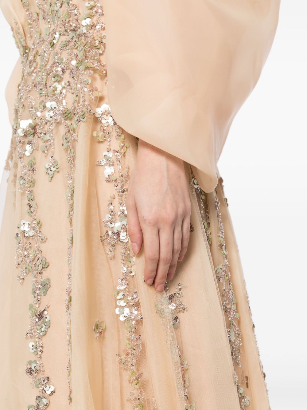 ORGANZA DRESS WITH DOTTED BEADING AND PLEATED OF-SHOULDER SLEEVES