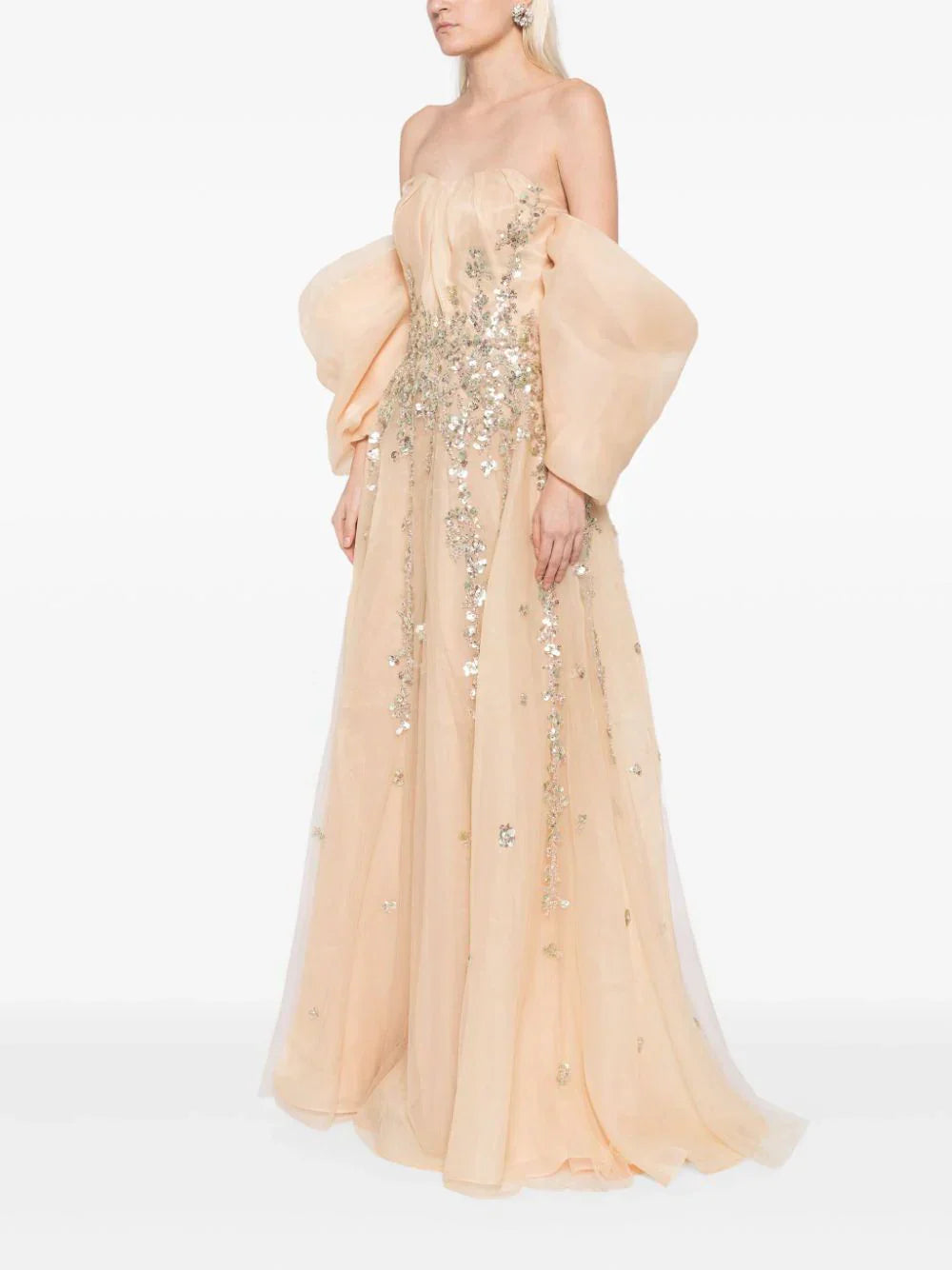 Organza Dress With Dotted Beading And Pleated Off-Shoulder Sleeves