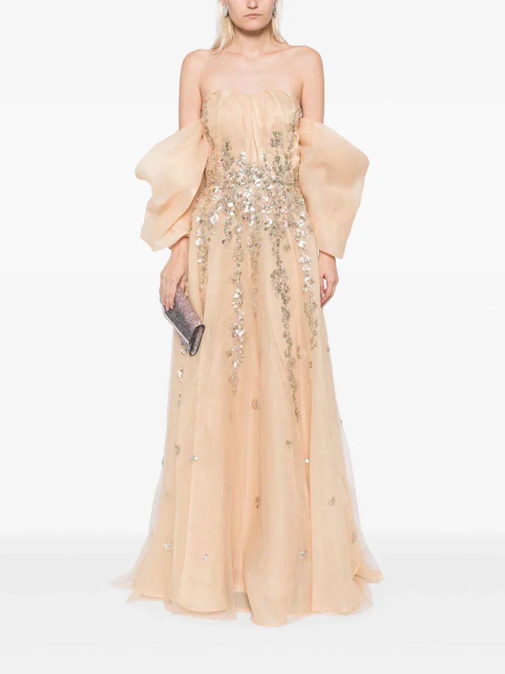 Organza Dress With Dotted Beading And Pleated Off-Shoulder Sleeves