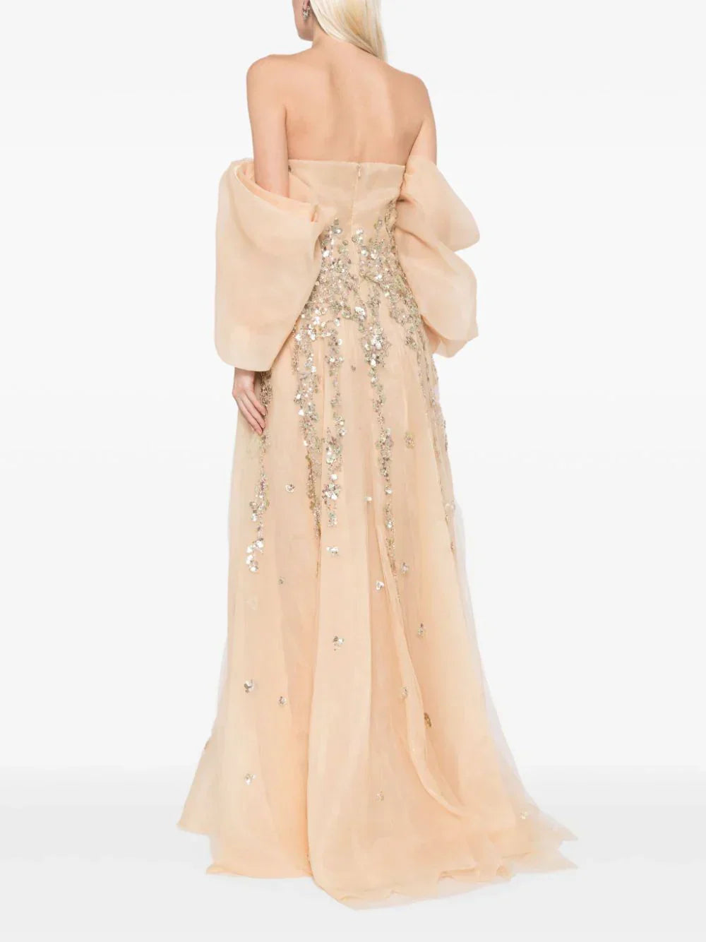 ORGANZA DRESS WITH DOTTED BEADING AND PLEATED OF-SHOULDER SLEEVES