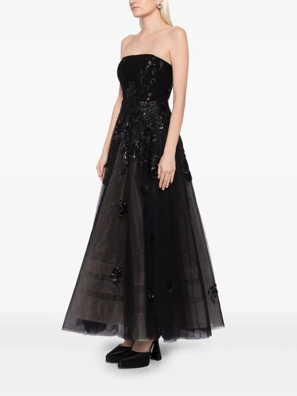 TULLE BEADED DRESS WITH A CREPE STRAPLESS TOP