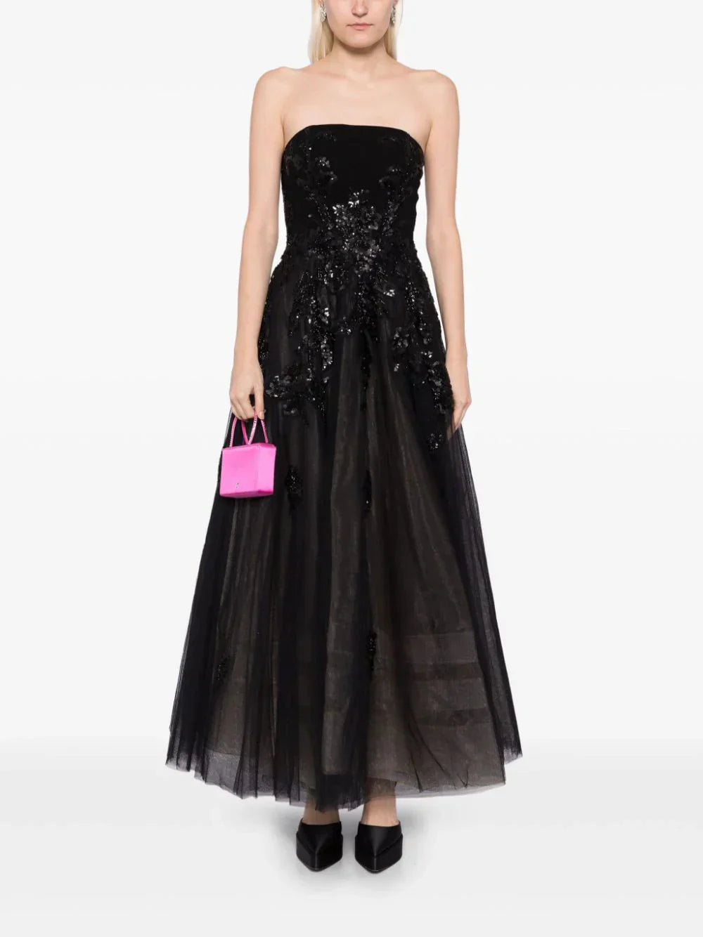 TULLE BEADED DRESS WITH A CREPE STRAPLESS TOP