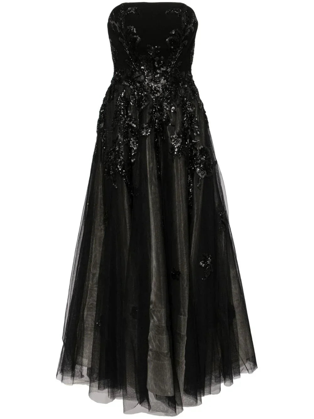 TULLE BEADED DRESS WITH A CREPE STRAPLESS TOP