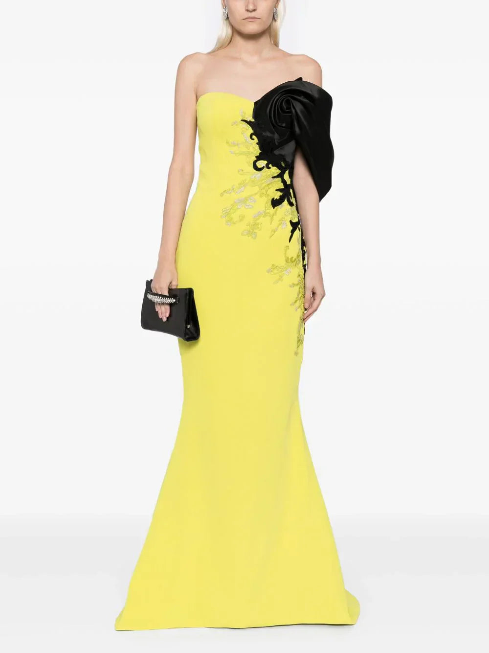 CREPE STRAIGHT FIT DRESS WITH MIKADO ONE SIDED, OFF-SHOULDER SLEEVE