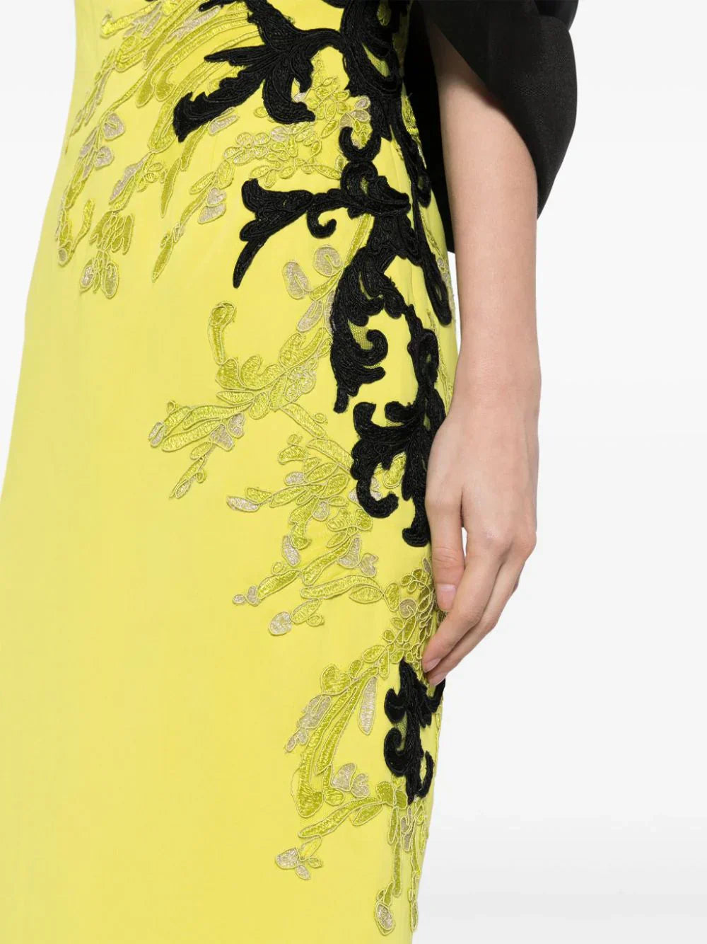 CREPE STRAIGHT FIT DRESS WITH MIKADO ONE SIDED, OFF-SHOULDER SLEEVE