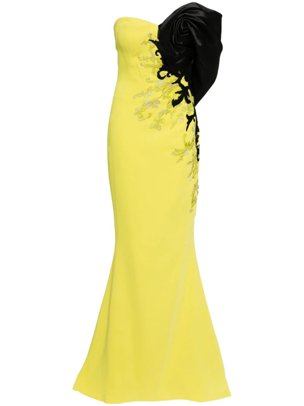 CREPE STRAIGHT FIT DRESS WITH MIKADO ONE SIDED, OFF-SHOULDER SLEEVE