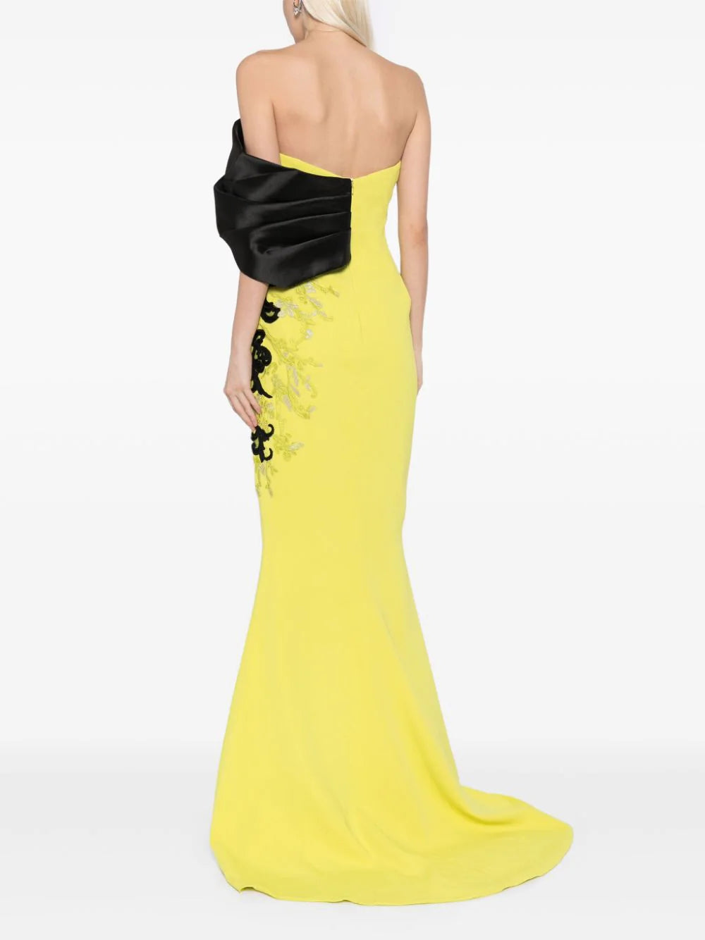 CREPE STRAIGHT FIT DRESS WITH MIKADO ONE SIDED, OFF-SHOULDER SLEEVE