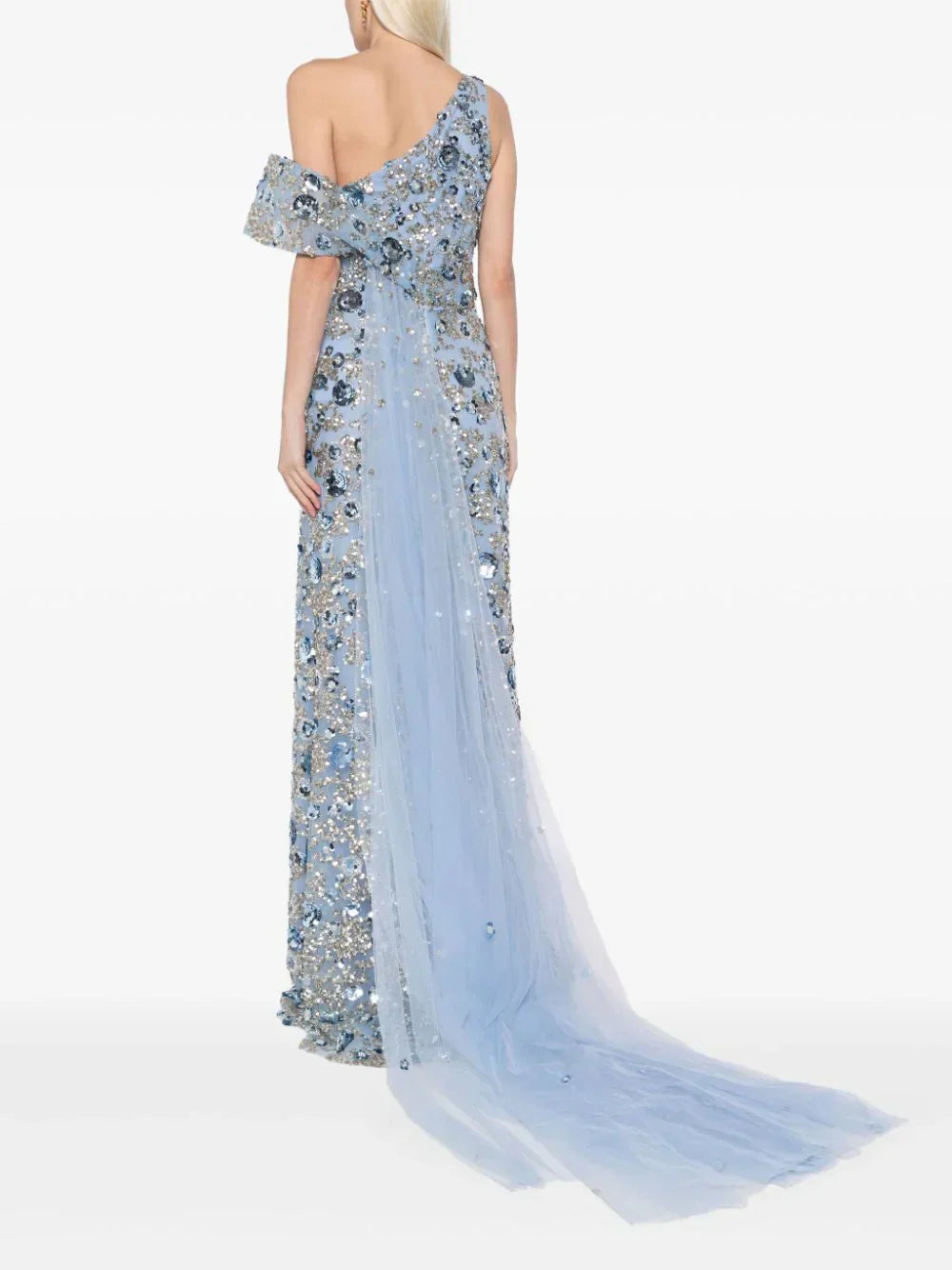 TULLE DRESS WITH ENVELOPE SKIRT AND OFF-SHOULDER SLEEVE AND TULLE TAIL