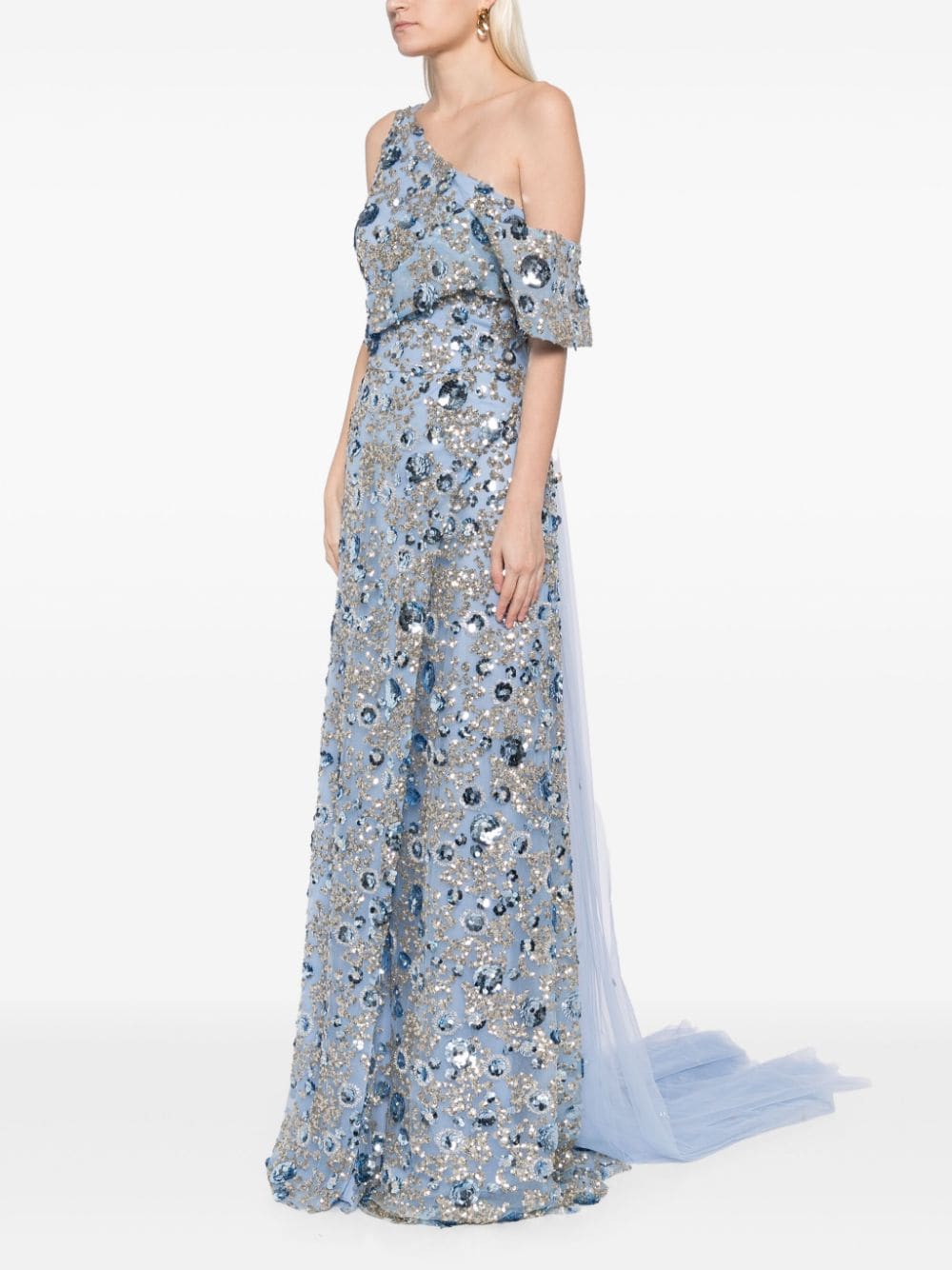 Tulle Dress With Envelope Skirt And Off-Shoulder Sleeves And Tulle Tail