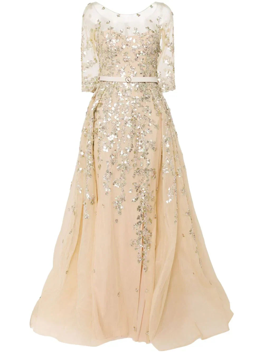 TULLE BEADED DRESS WITH ENVELOPE SKIRT AND OVERSKIRT