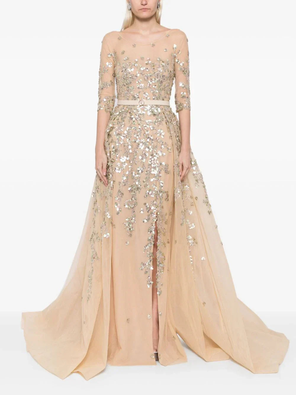 TULLE BEADED DRESS WITH ENVELOPE SKIRT AND OVERSKIRT
