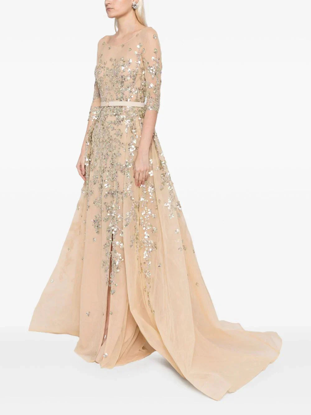 TULLE BEADED DRESS WITH ENVELOPE SKIRT AND OVERSKIRT