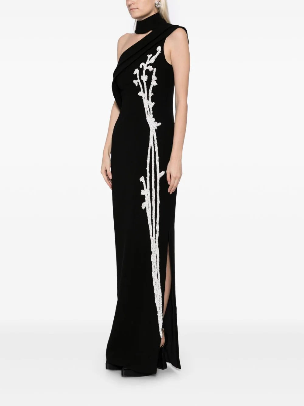 CREPE, OFF-SHOULDER DRESS WITH BEADING