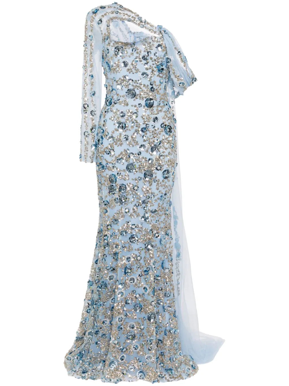 Tulle one-shoulder sleeve, dress with dotted beading a tulle tail