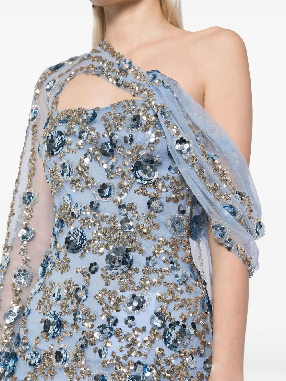 Tulle one-shoulder sleeve, dress with dotted beading a tulle tail