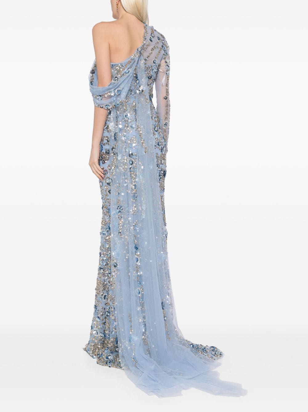Tulle one-shoulder sleeve, dress with dotted beading a tulle tail