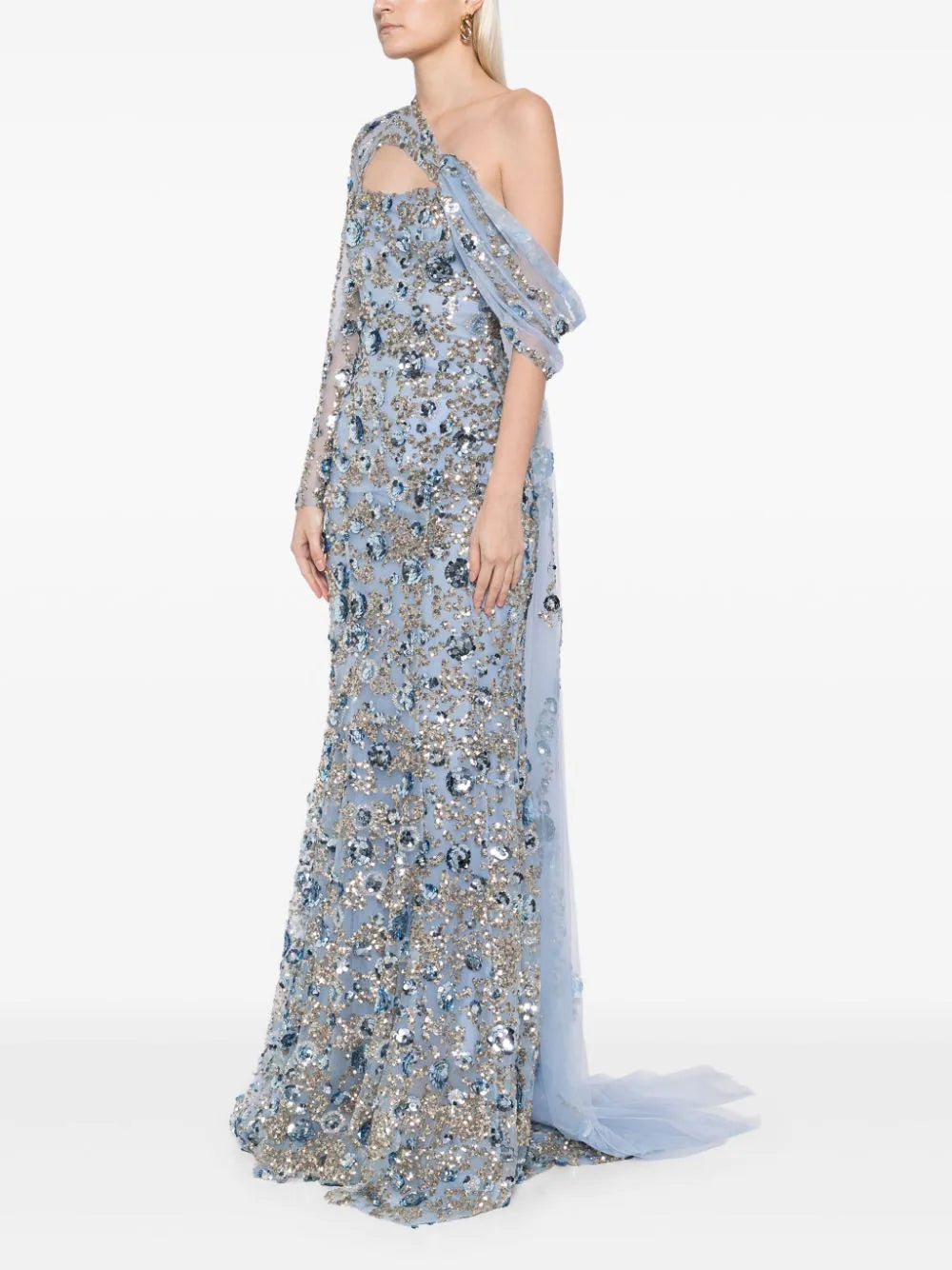 Tulle one-shoulder sleeve, dress with dotted beading a tulle tail