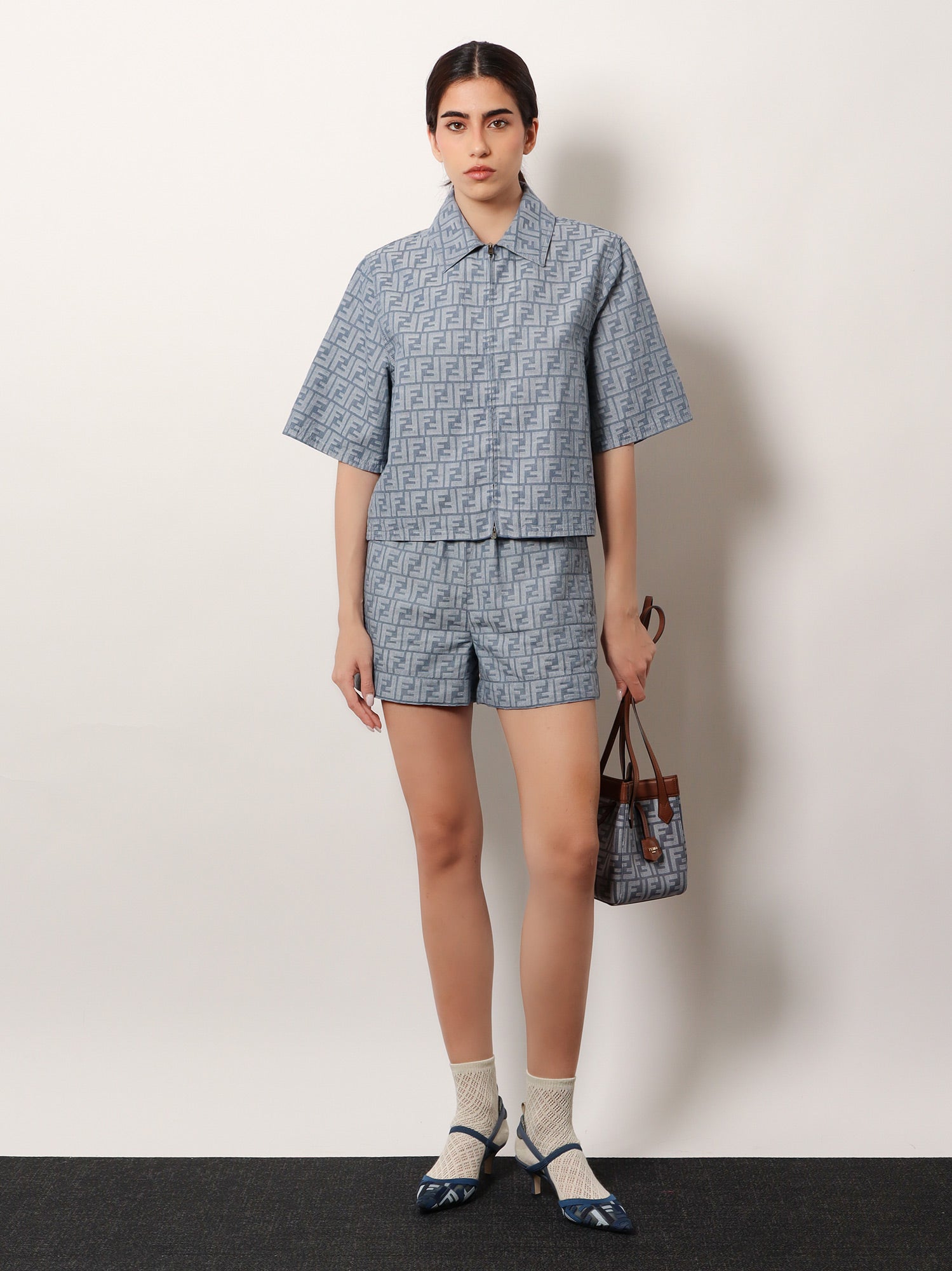 Origami mini FF Jacquard fabric and leather shoulder bag