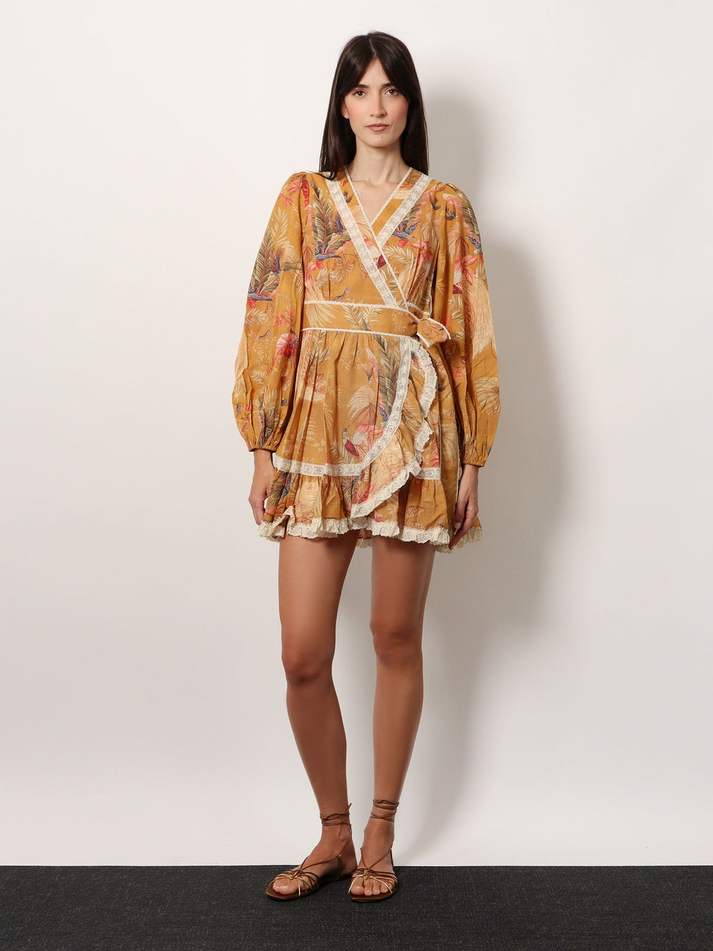 Frill cotton short dress with floral print