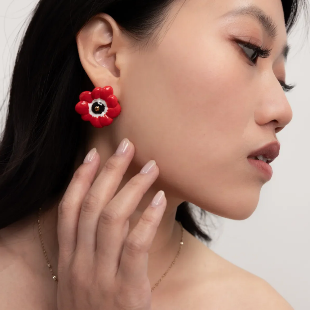 Nach Red Anemone Flower Stud Earrings